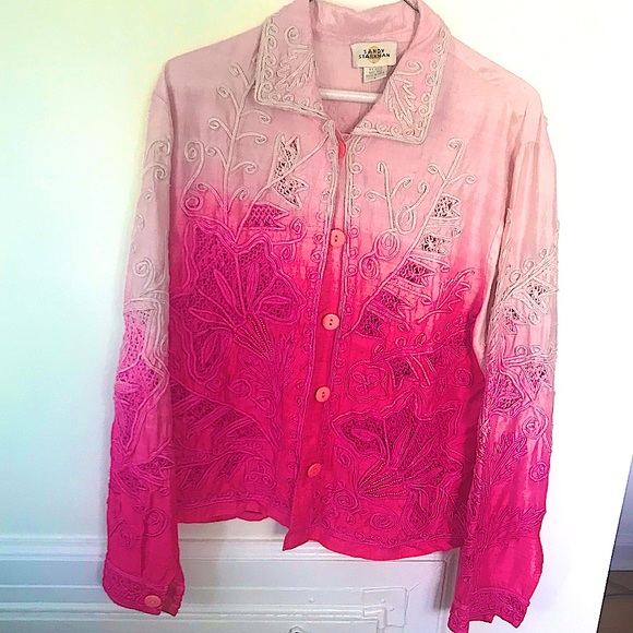 Sandy Starkman Silk Embroidered Beaded Jacket Pink L - Picture 3 of 13